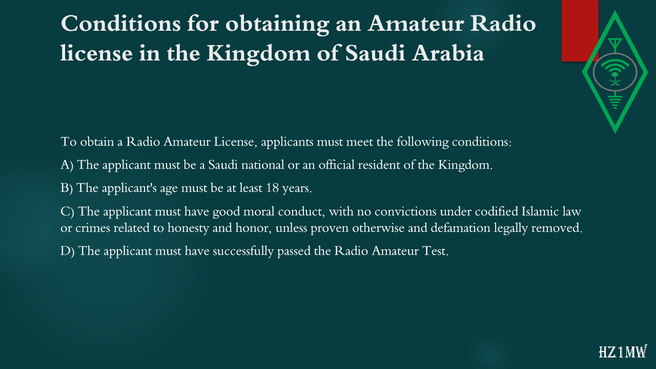 Slide 9: Conditions for obtaining an Amateur Radio license in the Kingdom of Saudi Arabia