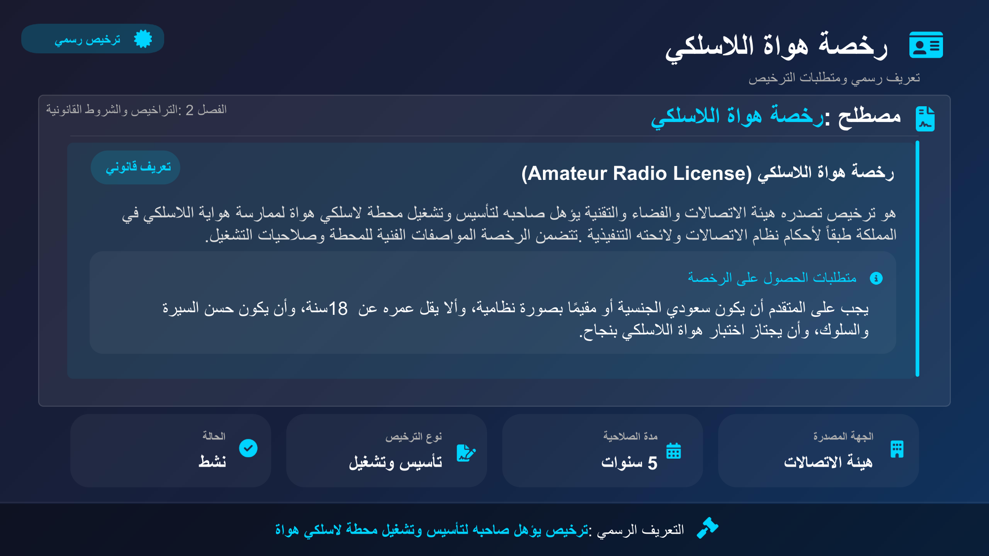 الشريحة 19: مصطلح: رخصة هواة الالسلكي الفصل2 : التراخيص والشروط القانون ...