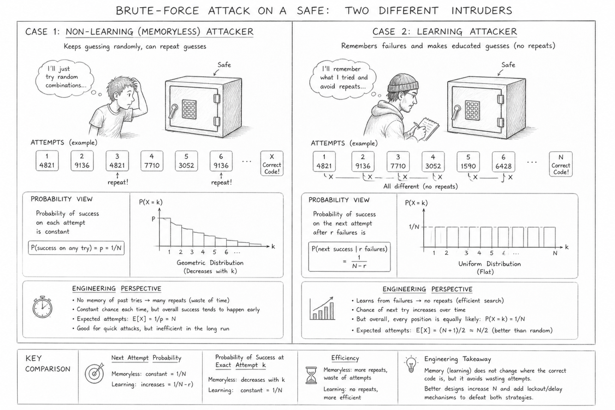 Pencil sketch infographic comparing memoryless random guessing and learning systematic guessing for an FSM lock.